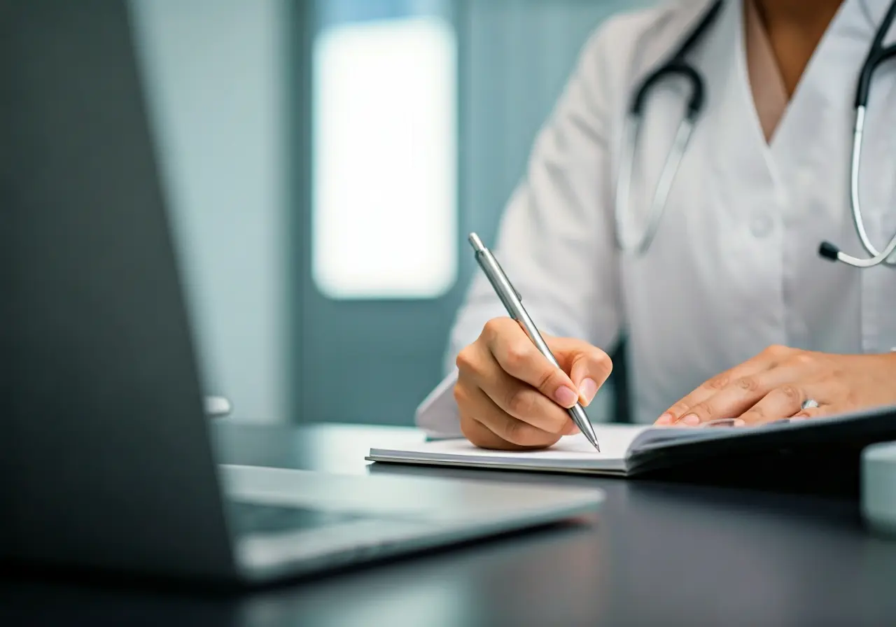 A medical assistant taking notes in a well-lit clinic. 35mm stock photo