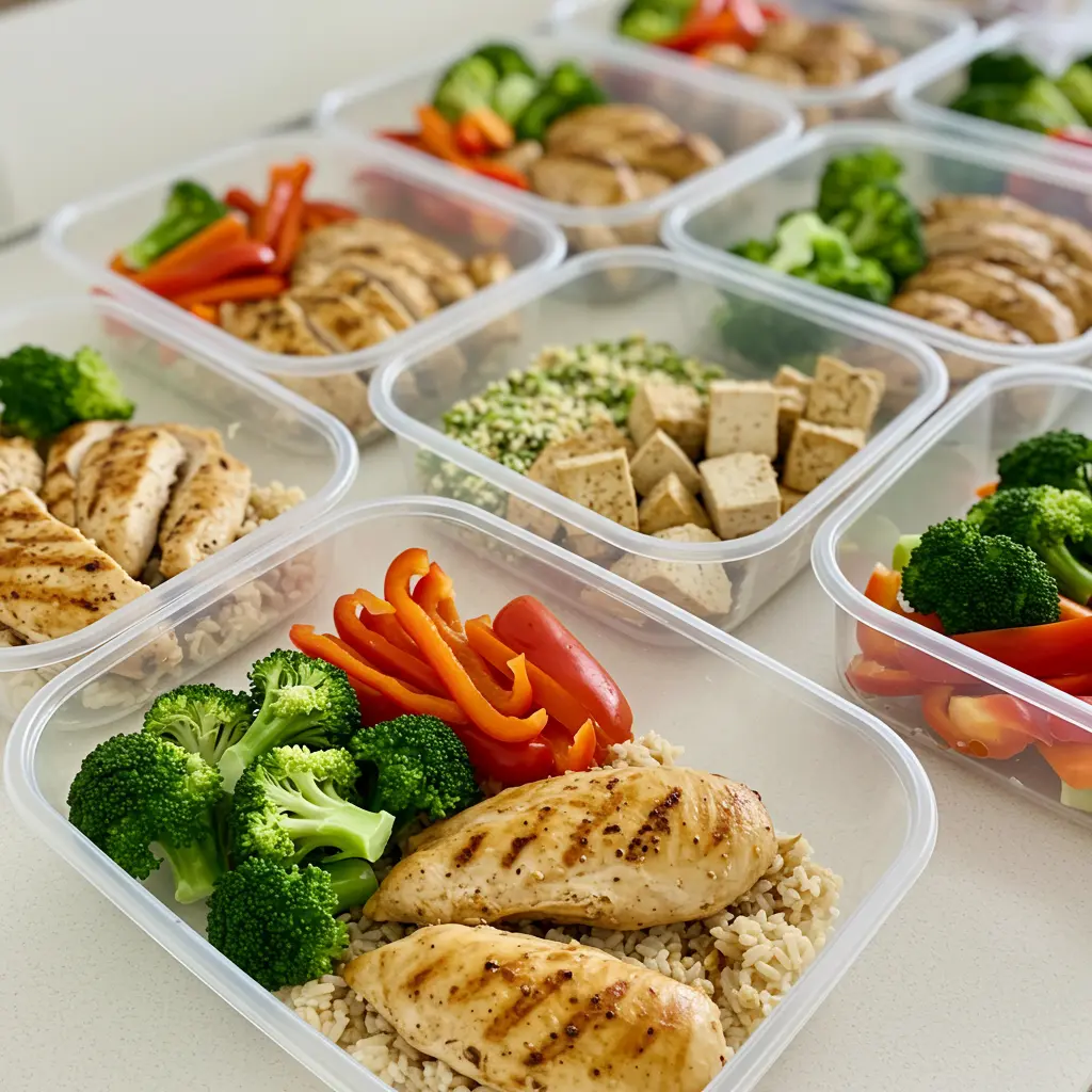 Meal prep station with chicken, tofu, and vegetables.