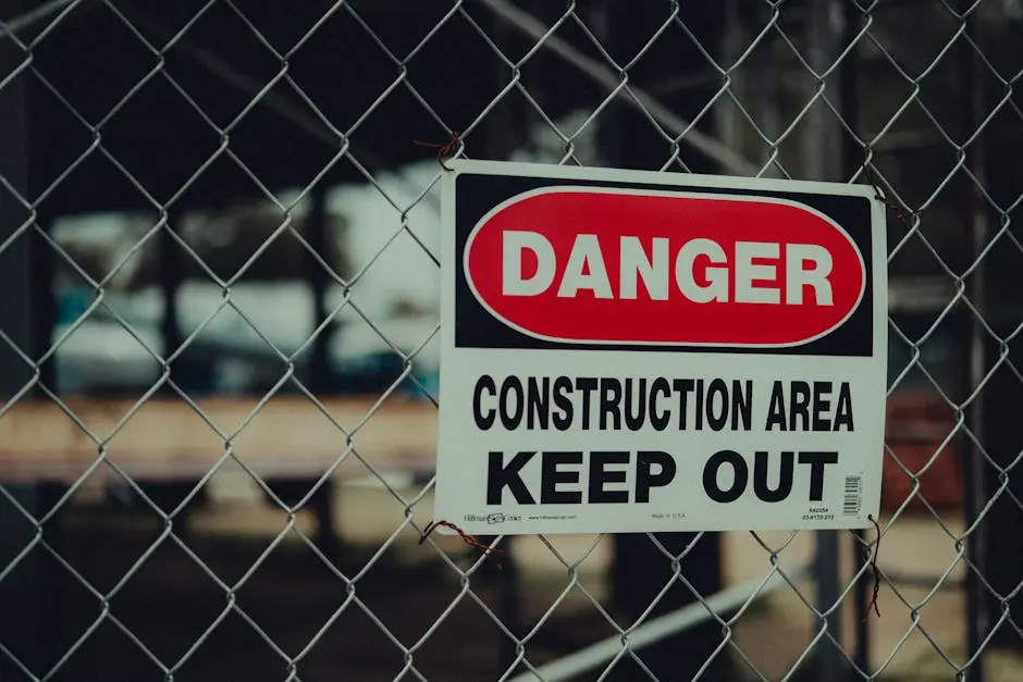 Close-up of a warning sign on a chain link fence at a construction site indicating danger.