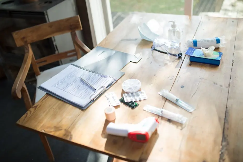 A spread of medical supplies and COVID-19 essentials on a sunlit wooden table.