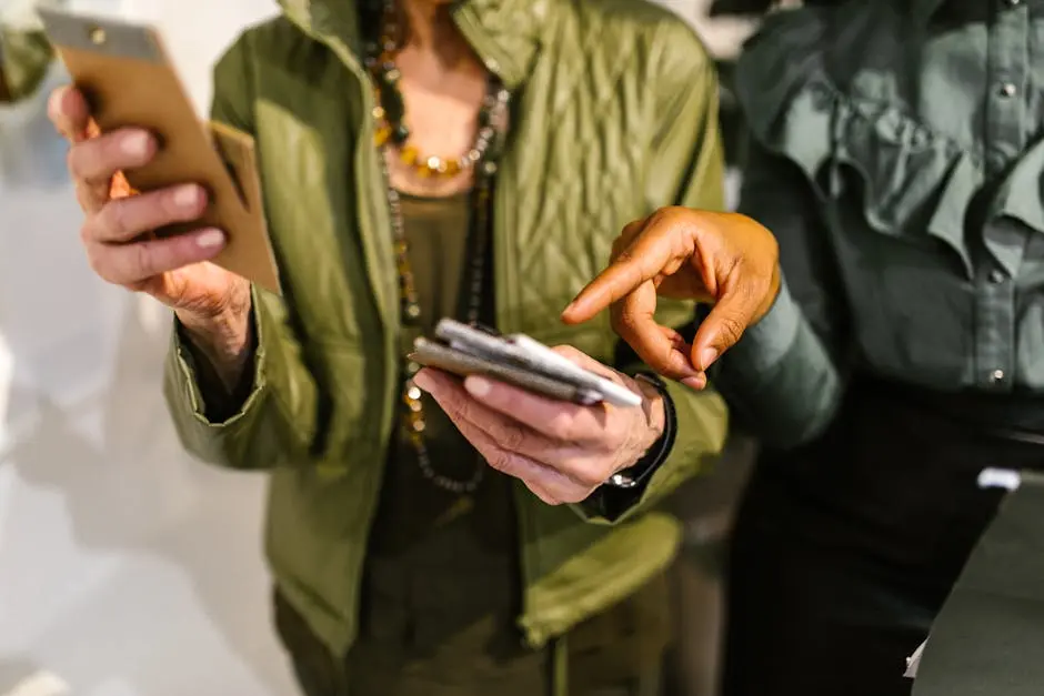 Two CMO collaborating using mobile phones in a modern office setting.