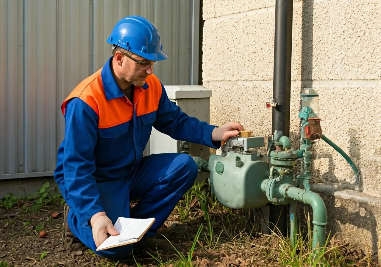 A gas technician inspecting a residential gas meter and pipeline. 35mm stock photo