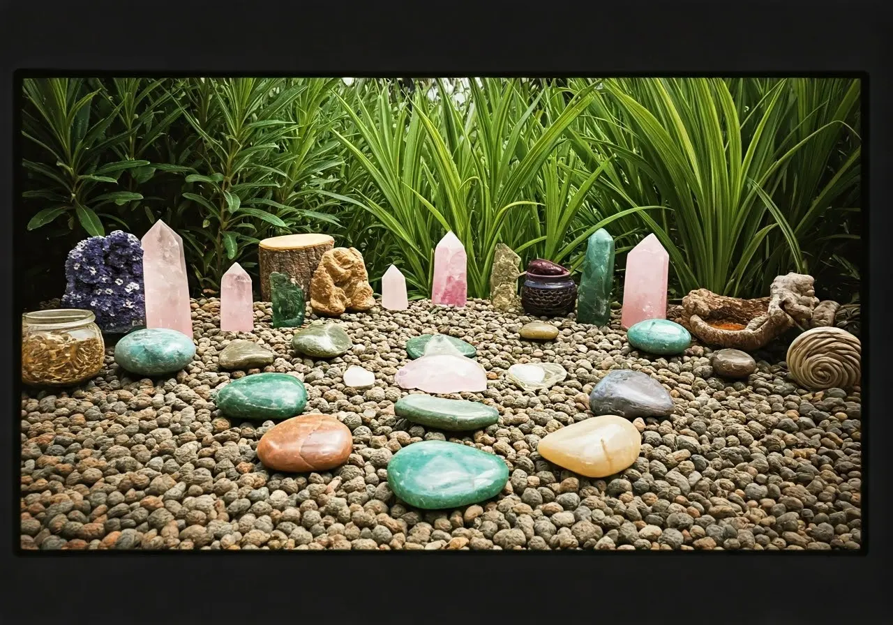 A peaceful garden with crystals and healing herbs displayed. 35mm stock photo