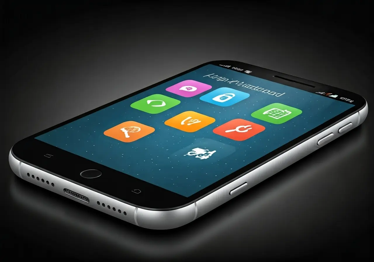 A smartphone with various app icons and programming tools. 35mm stock photo
