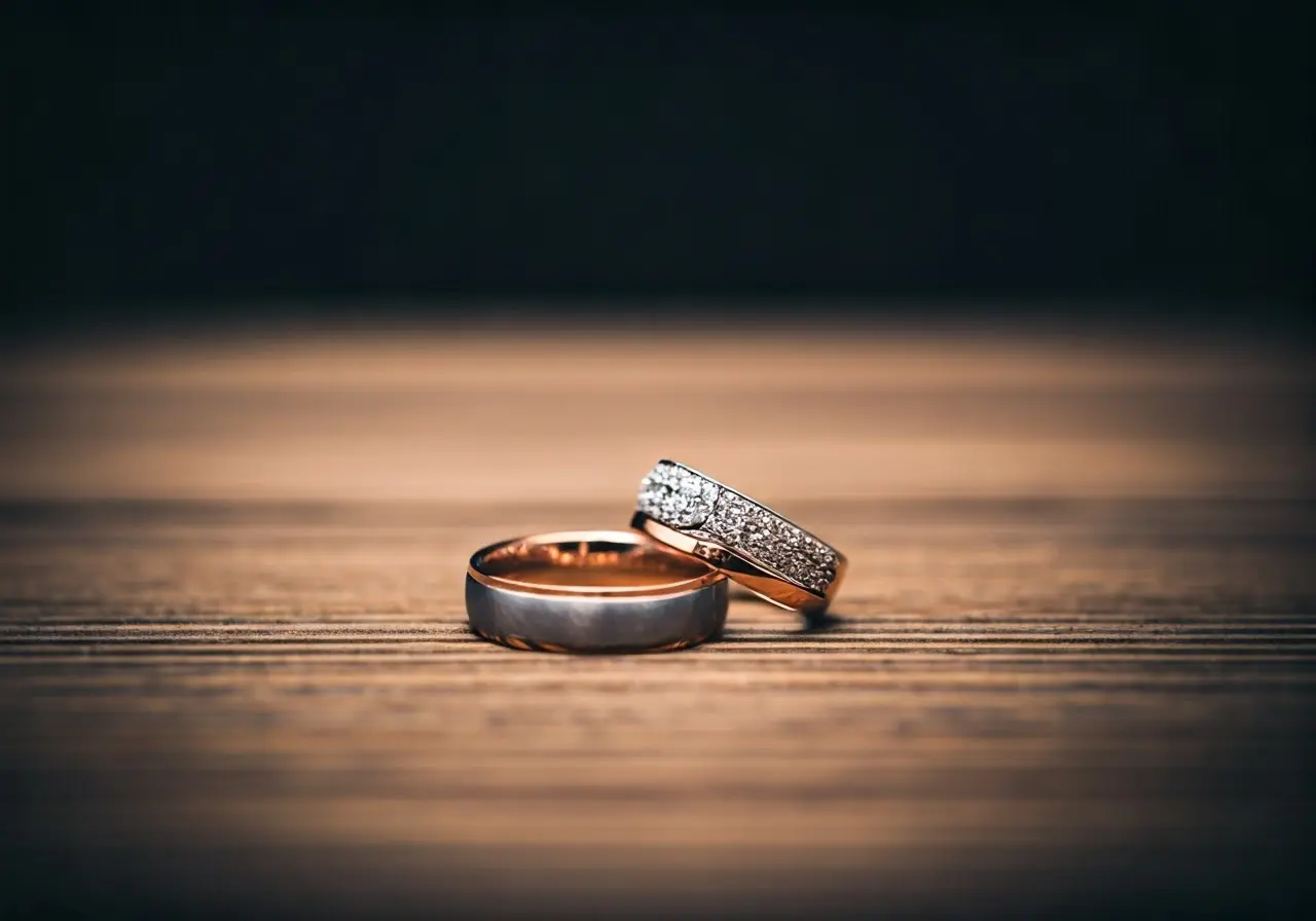 Two intertwined wedding rings on a wooden table. 35mm stock photo