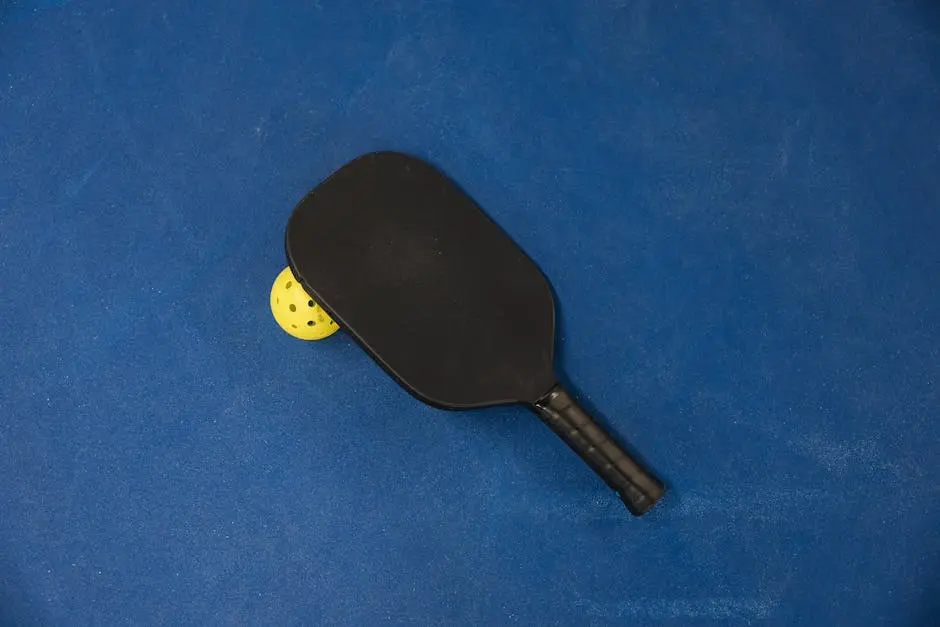 A pickleball paddle and ball on a textured blue surface, showcasing sports equipment.