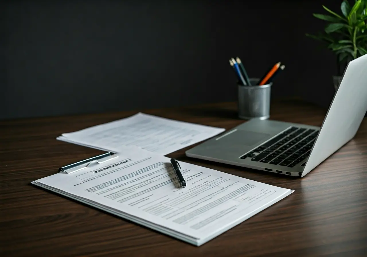 An office desk with compliance documents and a laptop. 35mm stock photo