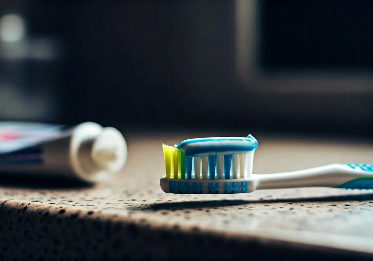 A close-up of a toothbrush and toothpaste on a counter. 35mm stock photo