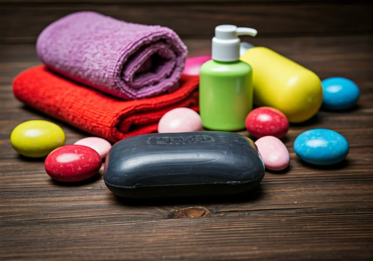 A bar of black soap surrounded by colorful bath accessories. 35mm stock photo