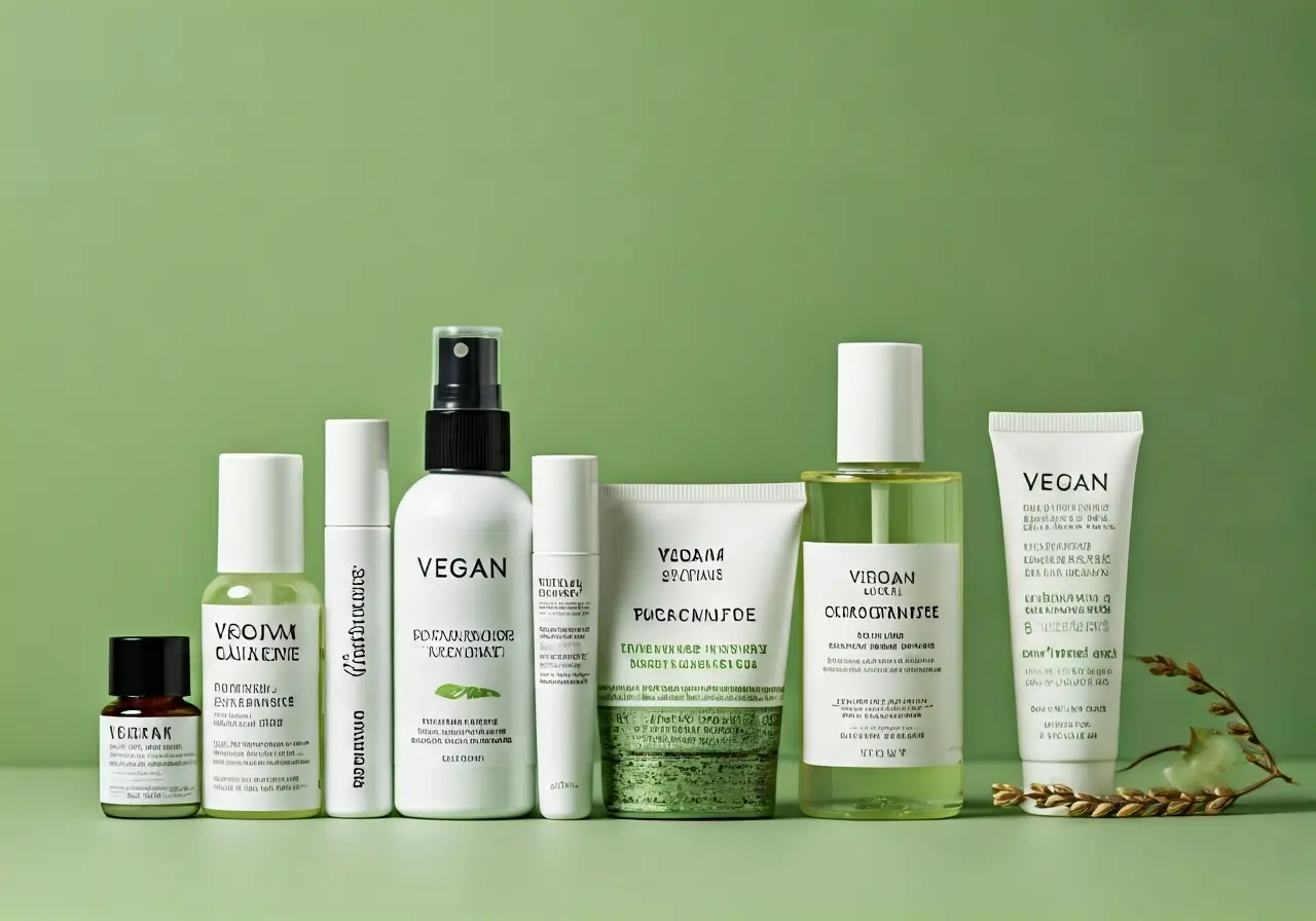 A variety of vegan and cruelty-free beauty products displayed. 35mm stock photo