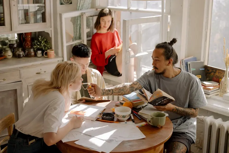 Group of young adults studying and relaxing in a bright, cozy apartment with natural light.