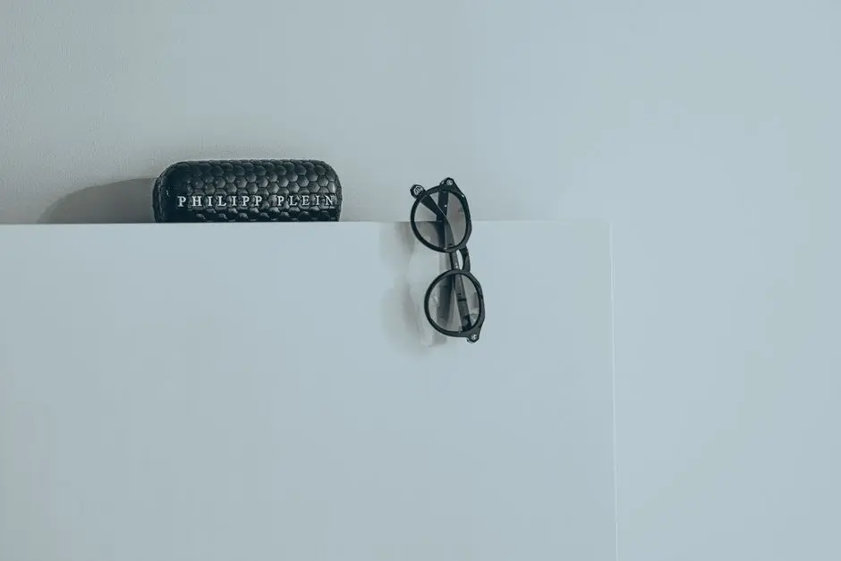 Close-up of stylish black glasses with a textured designer case on white background.