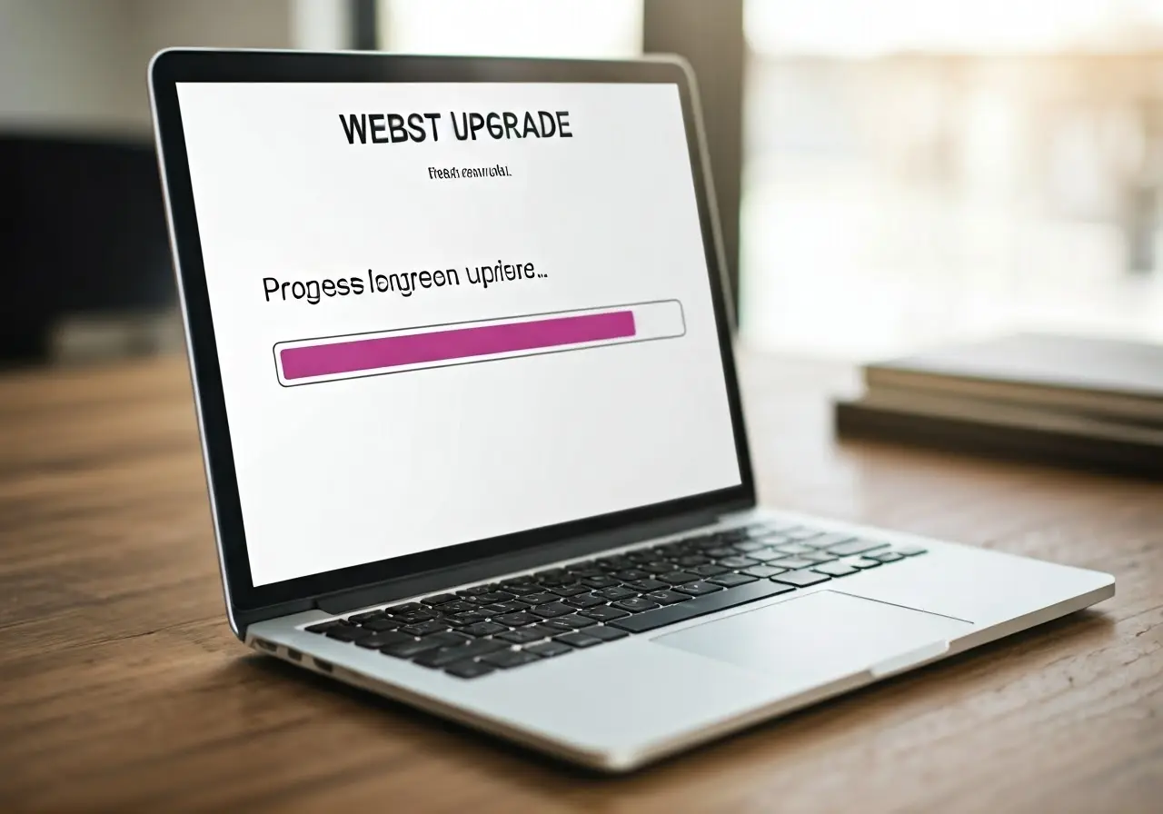 A laptop showing a progress bar for a website upgrade. 35mm stock photo