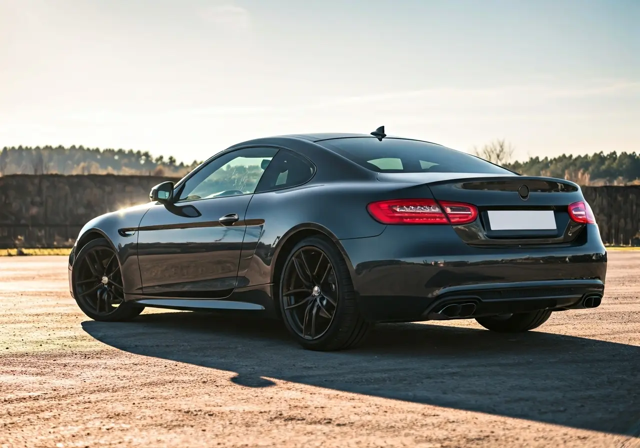 A sleek car with dark-tinted windows parked in sunlight. 35mm stock photo