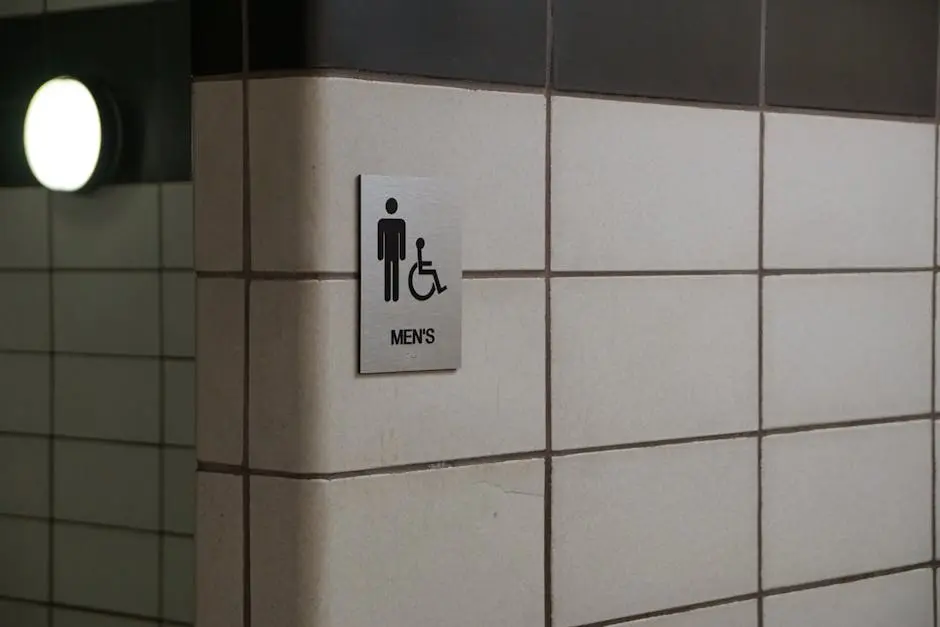 A men&rsquo;s restroom sign with accessible symbol on a tiled wall, featuring minimalist design.