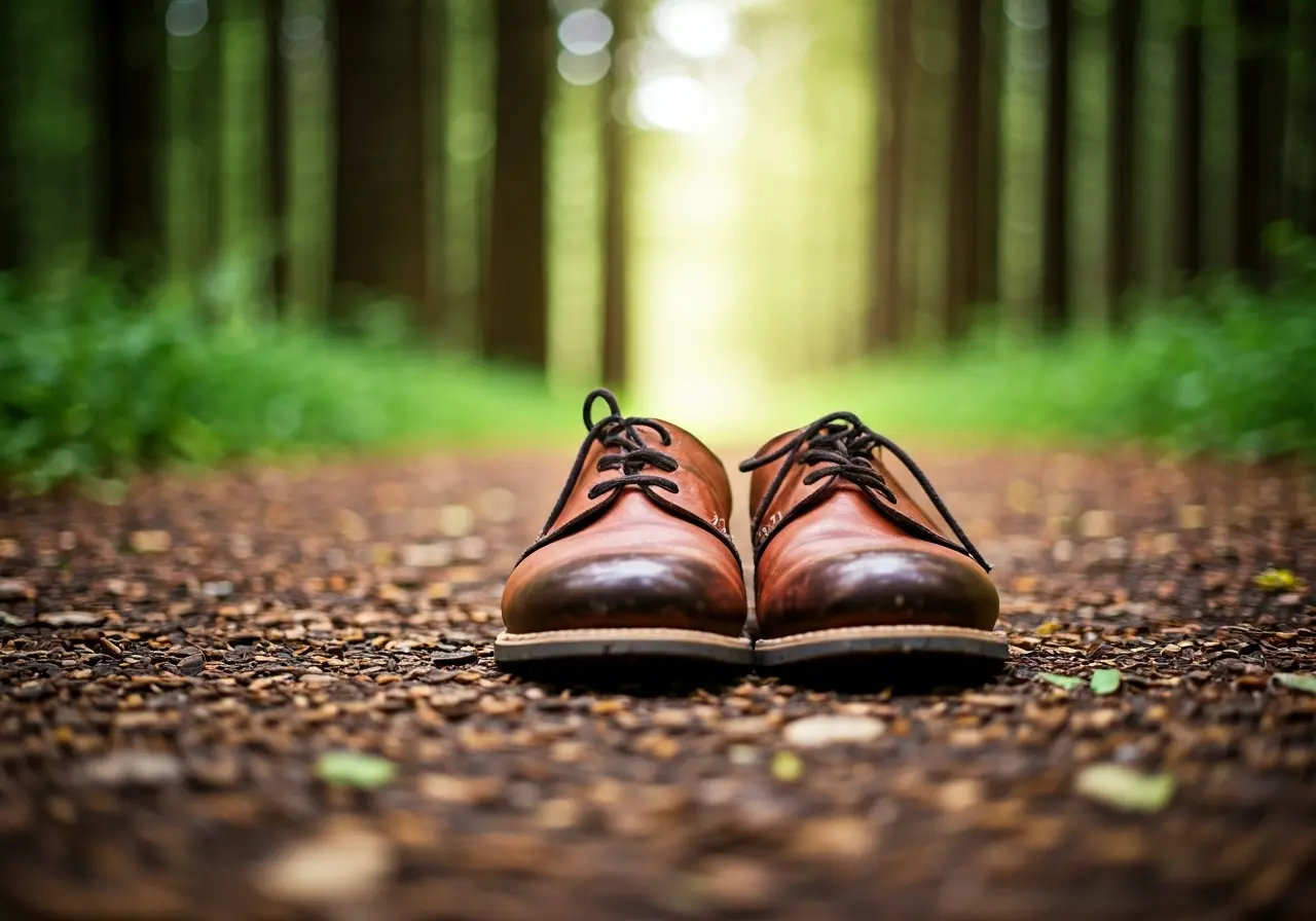 A close-up of wide toe box shoes on a forest path. 35mm stock photo