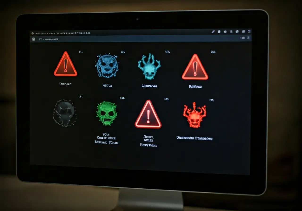 A computer screen displaying various malware icons and warning alerts. 35mm stock photo