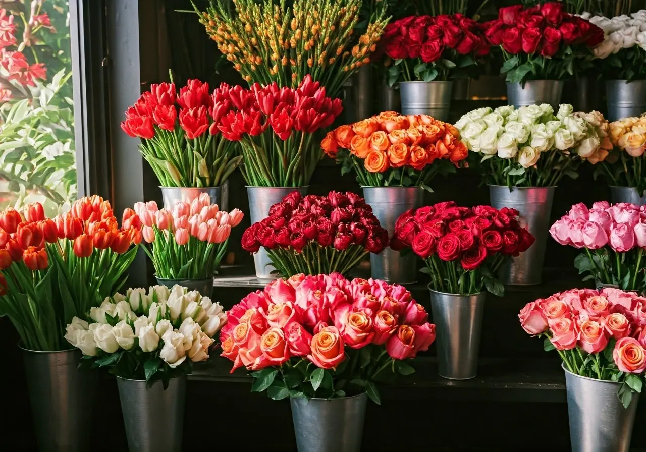 Vibrant floral arrangements in a sunlit Glendale flower shop. 35mm stock photo