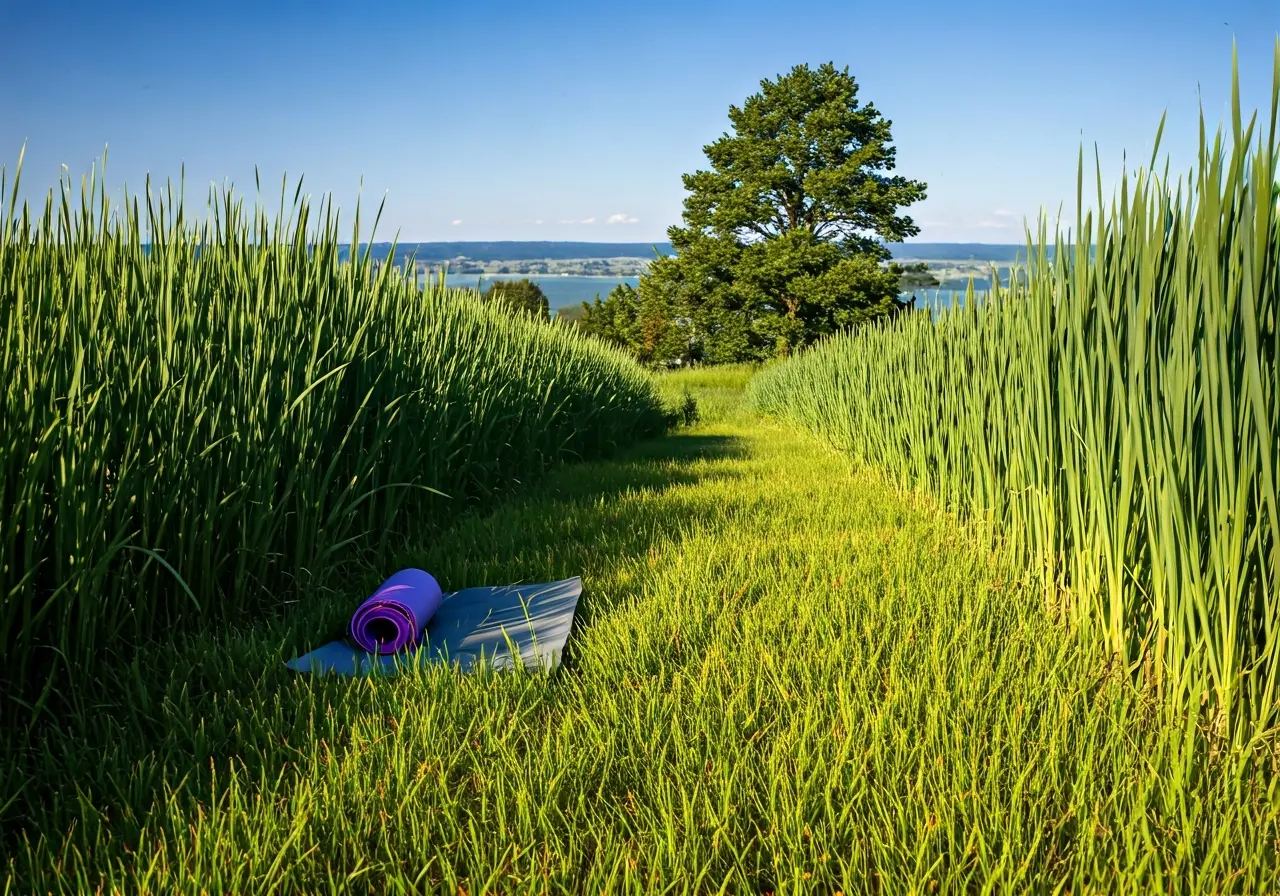A serene landscape with yoga mat on green grass. 35mm stock photo