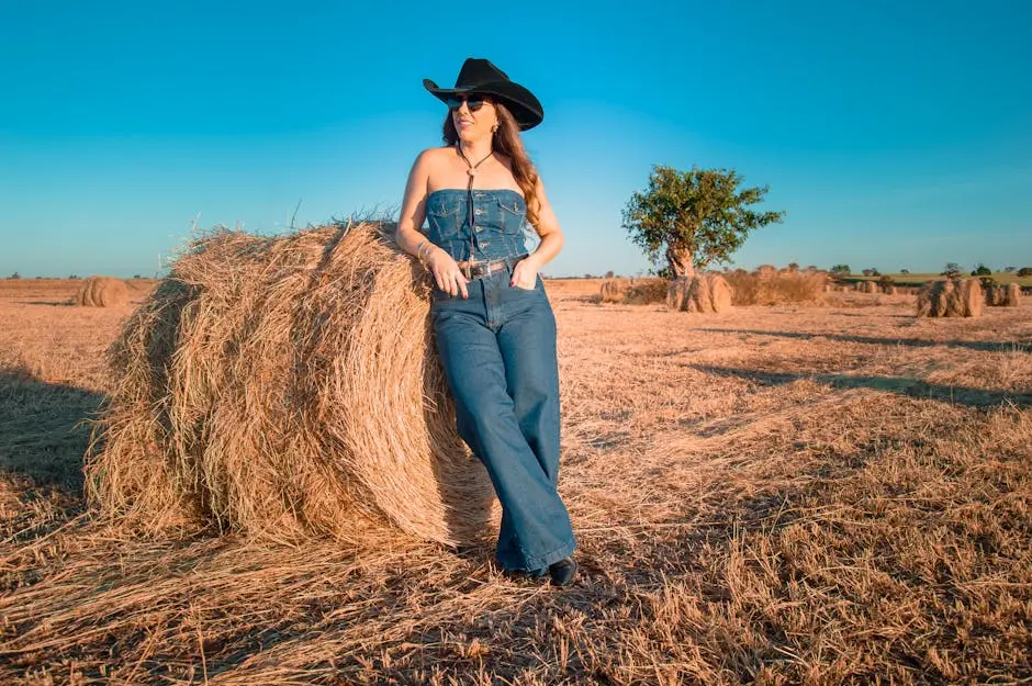 Woman in denim leaning on hay bale wearing a cowboy hat in rural field during daytime.