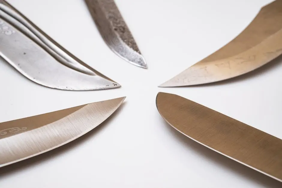 A close-up showcasing a selection of diverse knives arranged artistically on a white background.
