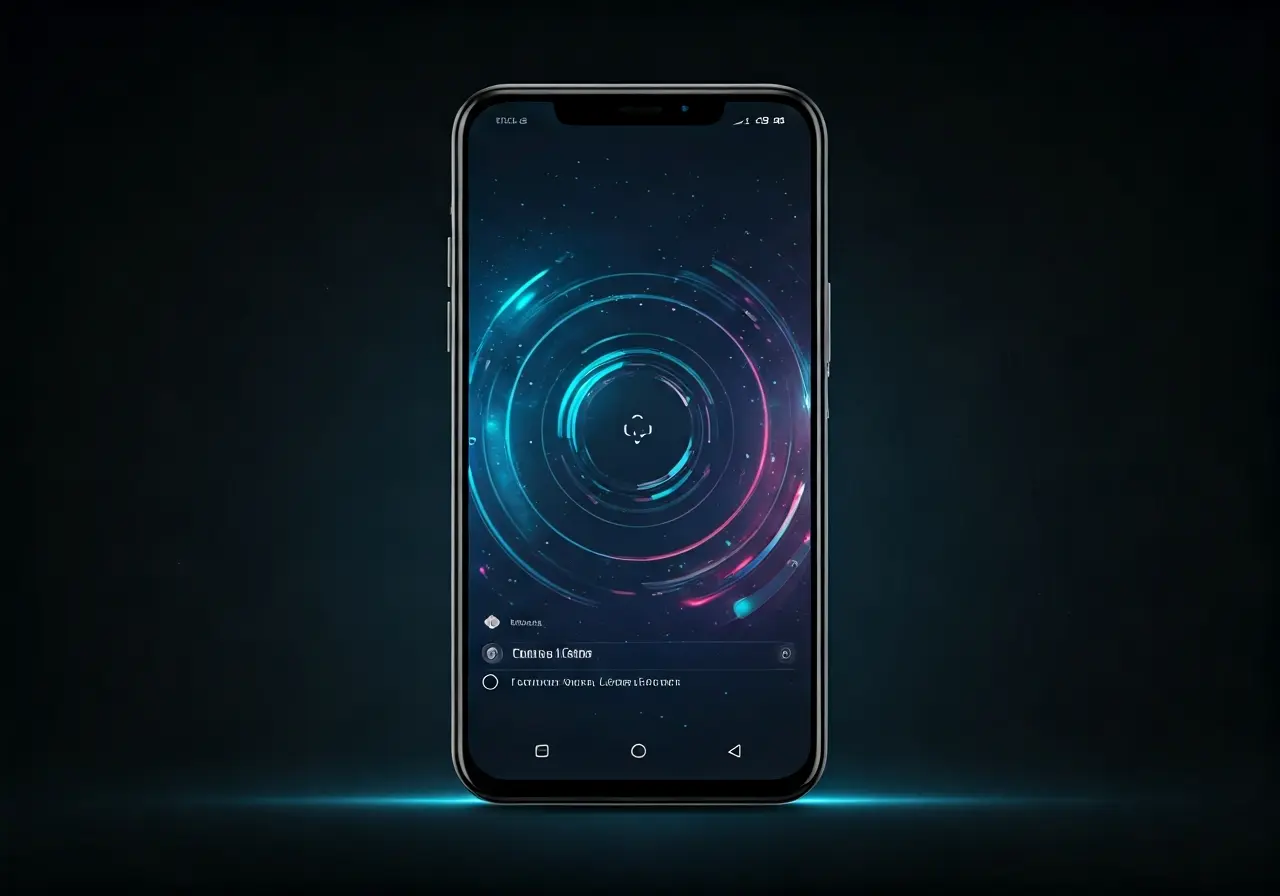 A vibrant smartphone screen showcasing futuristic UX/UI design elements. 35mm stock photo