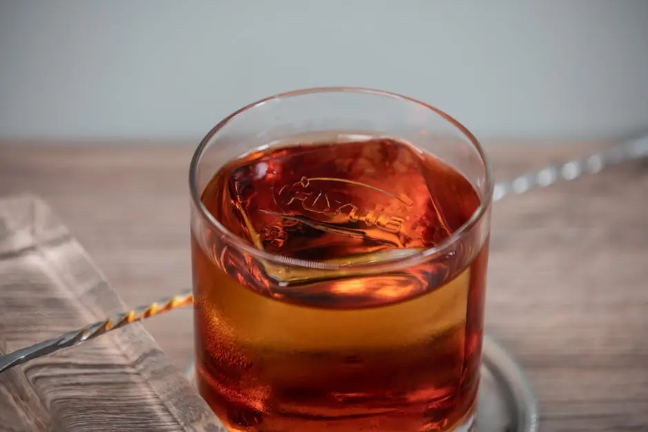 Detailed close-up of a whiskey glass with ice on a wooden surface, showcasing rich amber hues.