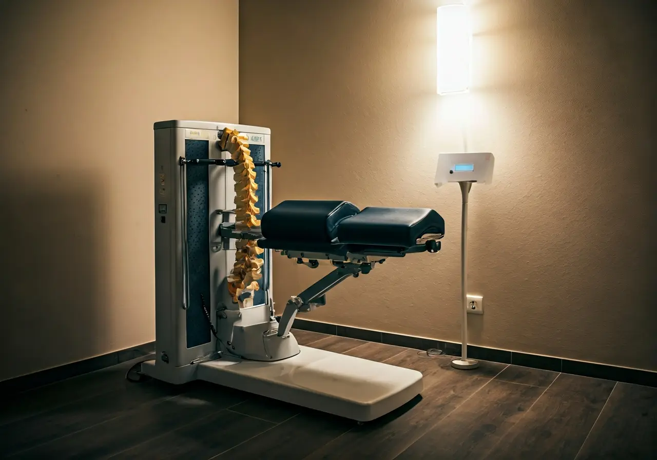 A serene spa setting featuring a spinal decompression machine. 35mm stock photo