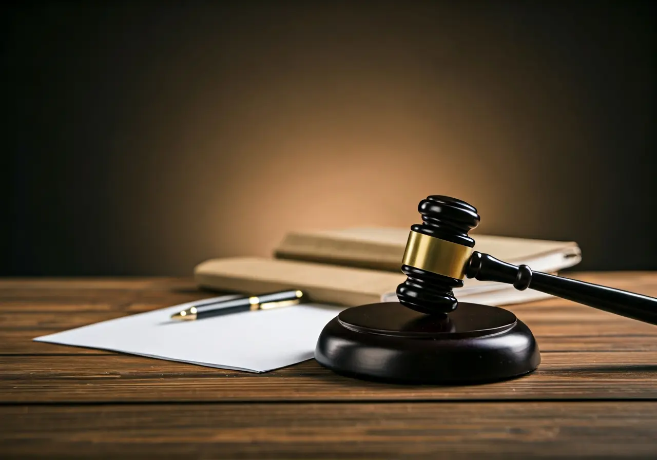 A gavel and legal documents on a wooden desk. 35mm stock photo
