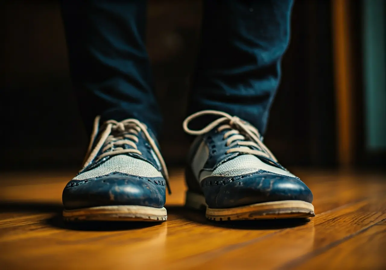 A close-up of stylish orthopedic shoes on wooden floor. 35mm stock photo