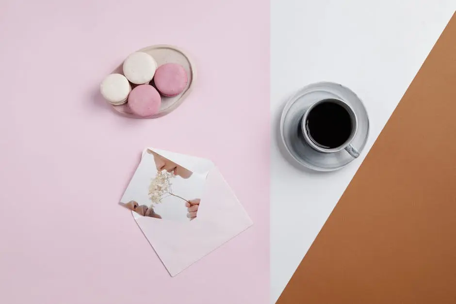Stylish flat lay of coffee, macarons, and card on pastel background. Perfect for lifestyle themes.