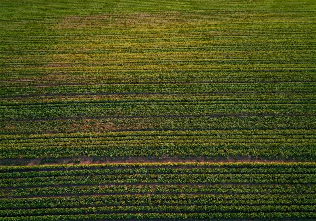 Aerial view of a misaligned crop field with weeds growing. 35mm stock photo