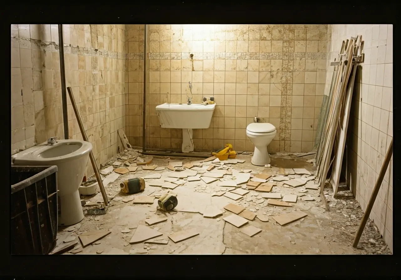 A cluttered bathroom with renovation tools and scattered tiles. 35mm stock photo