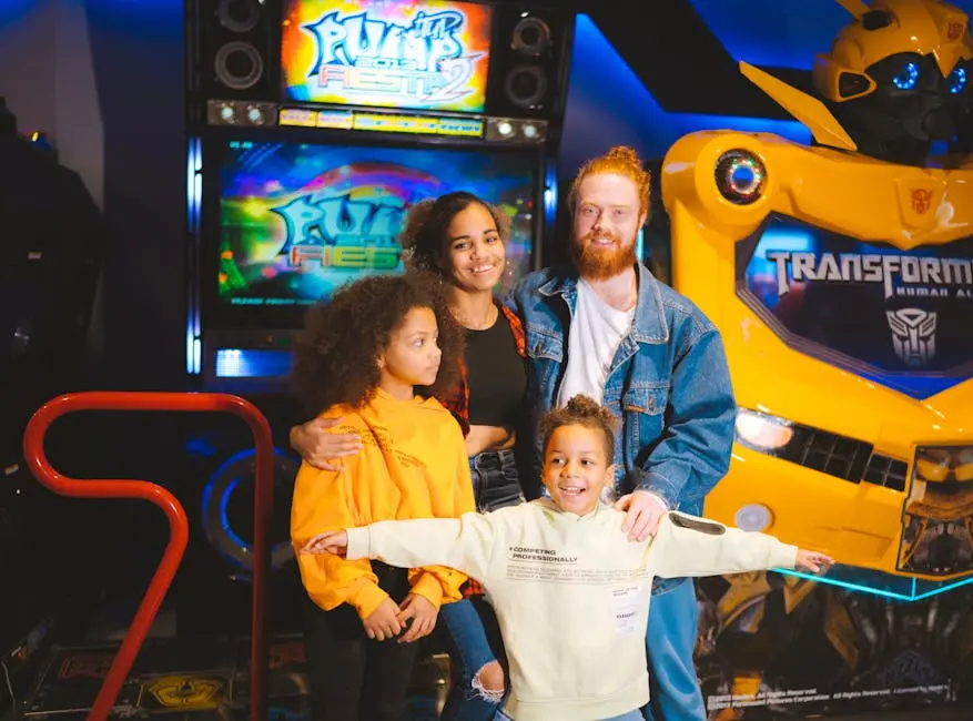 A cheerful family posing with arcade games and robots, capturing a vibrant amusement moment.