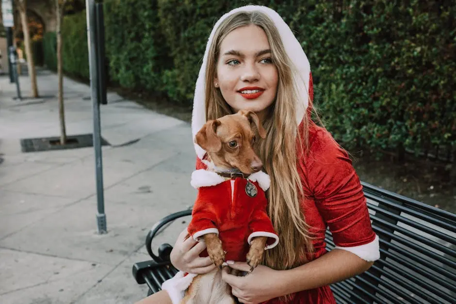 Young woman dressed as Santa holds a small dog in costume, seated on a bench outdoors.
