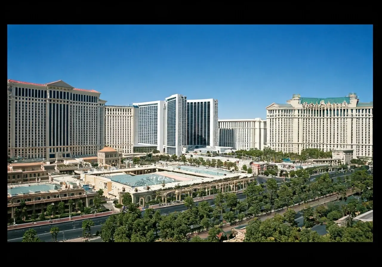 A skyline view of Las Vegas with prominent landmarks. 35mm stock photo