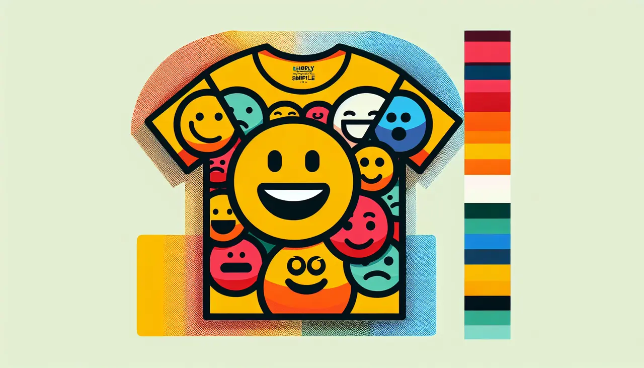 Draw a graphic in flat design style. A minimalist flat design style image of a colorful t-shirt with a large, bold, humorous slogan in the center, surrounded by simple, smiling emoticons.