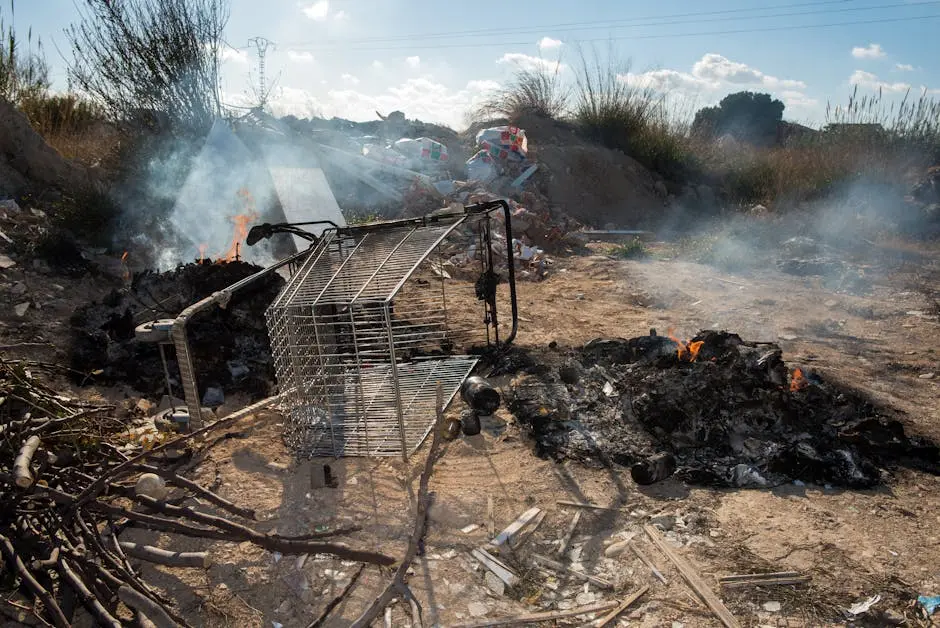 A shopping cart amidst waste and smoldering debris in an outdoor landfill, conveying environmental neglect.