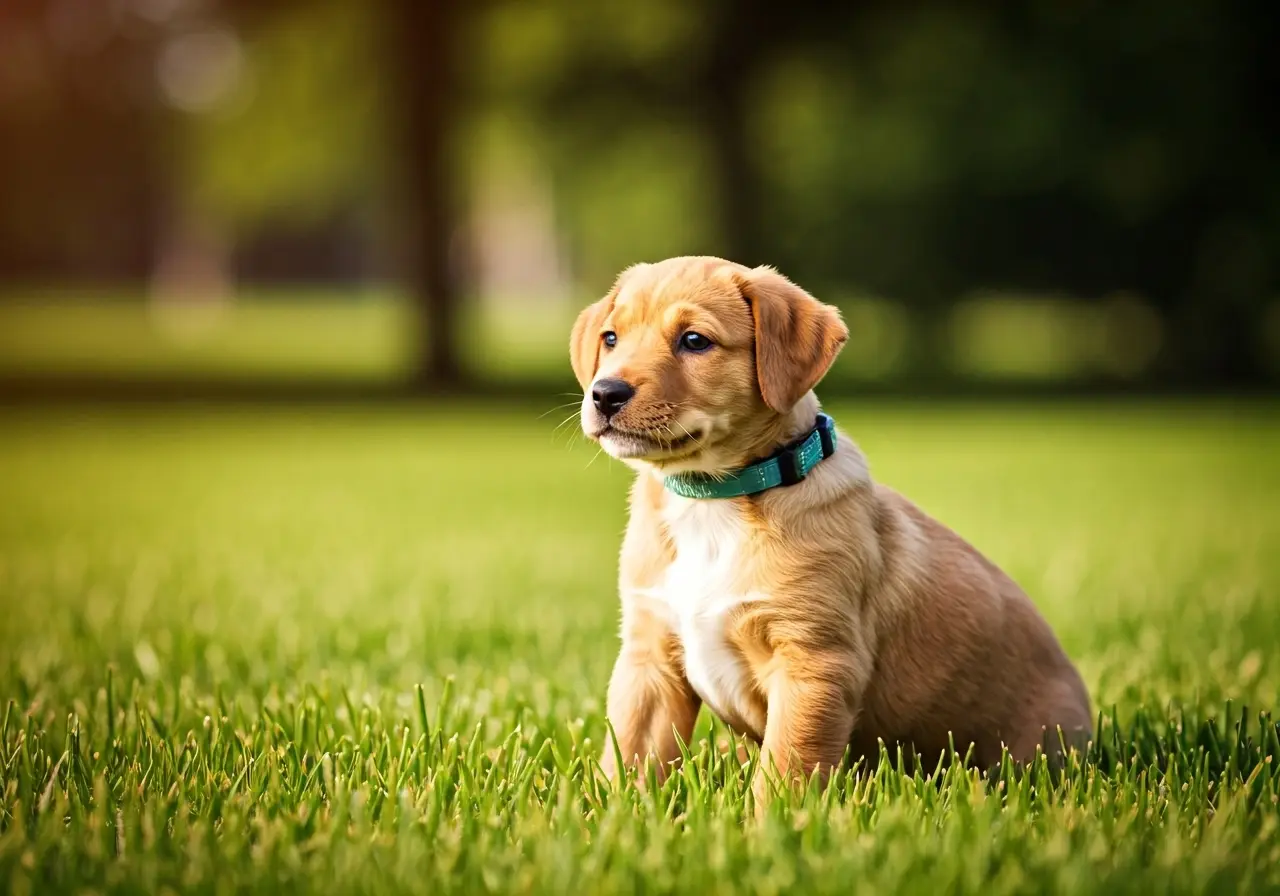 A playful puppy learning commands in a sunny park. 35mm stock photo