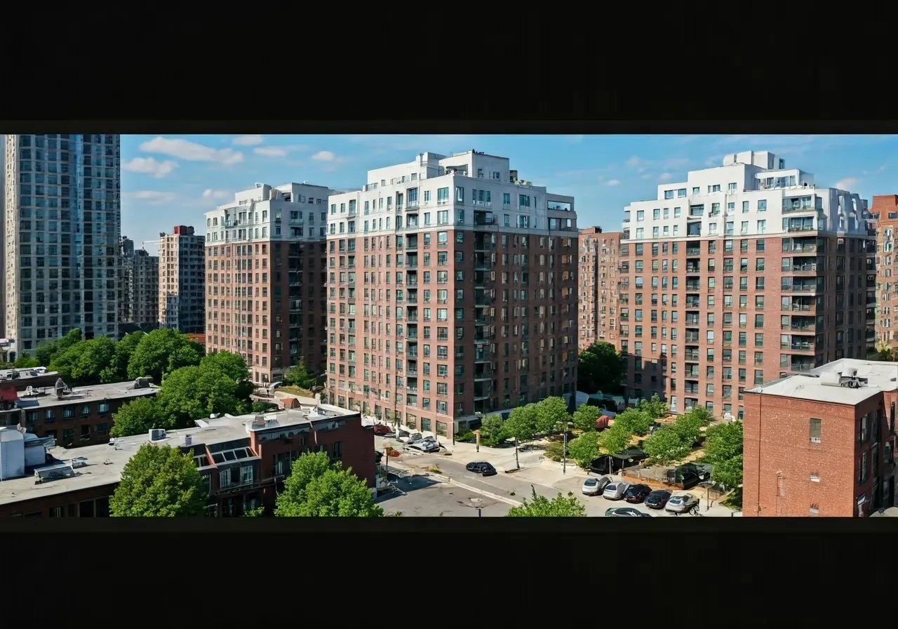 Aerial view of modern apartment buildings in Queens, NY. 35mm stock photo