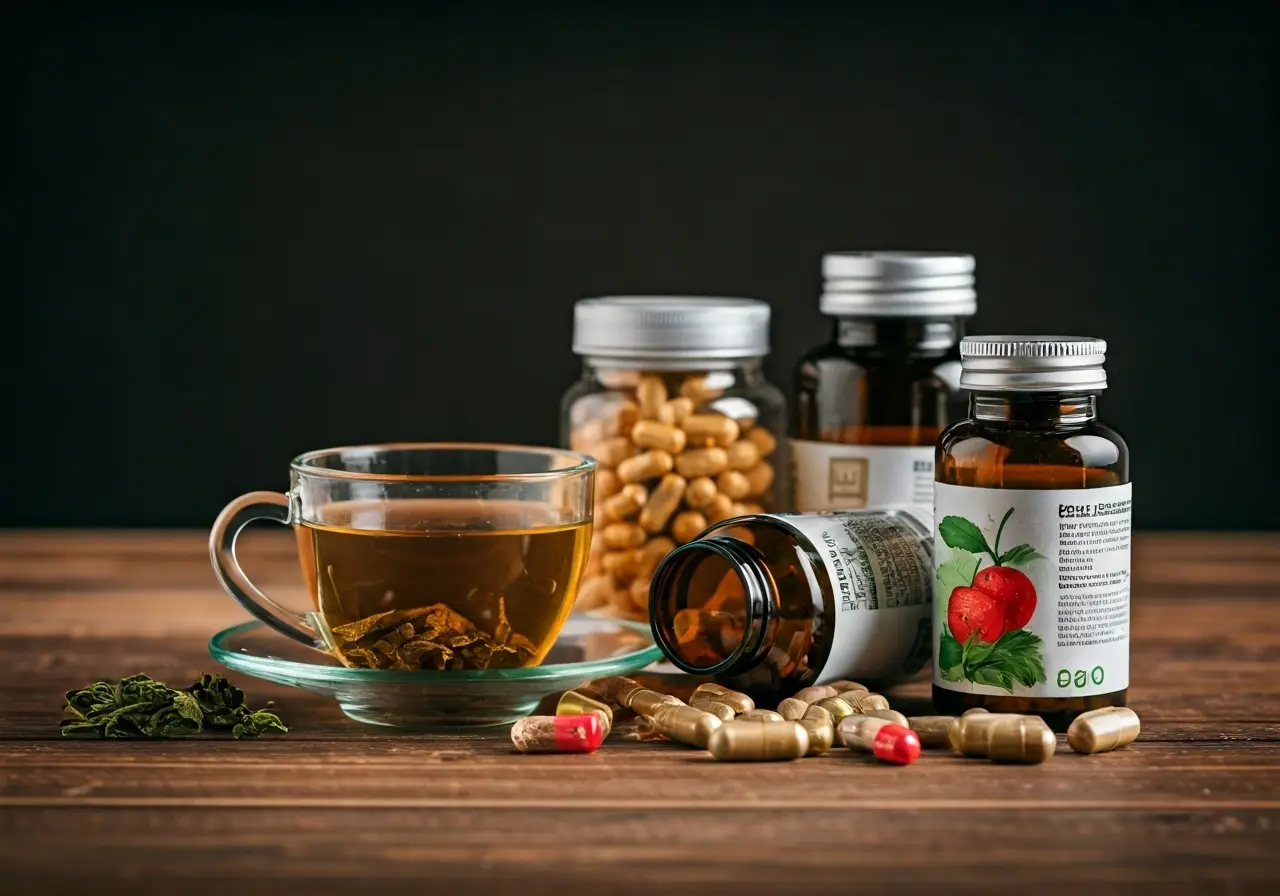 Bottles of supplements alongside a cup of herbal tea. 35mm stock photo