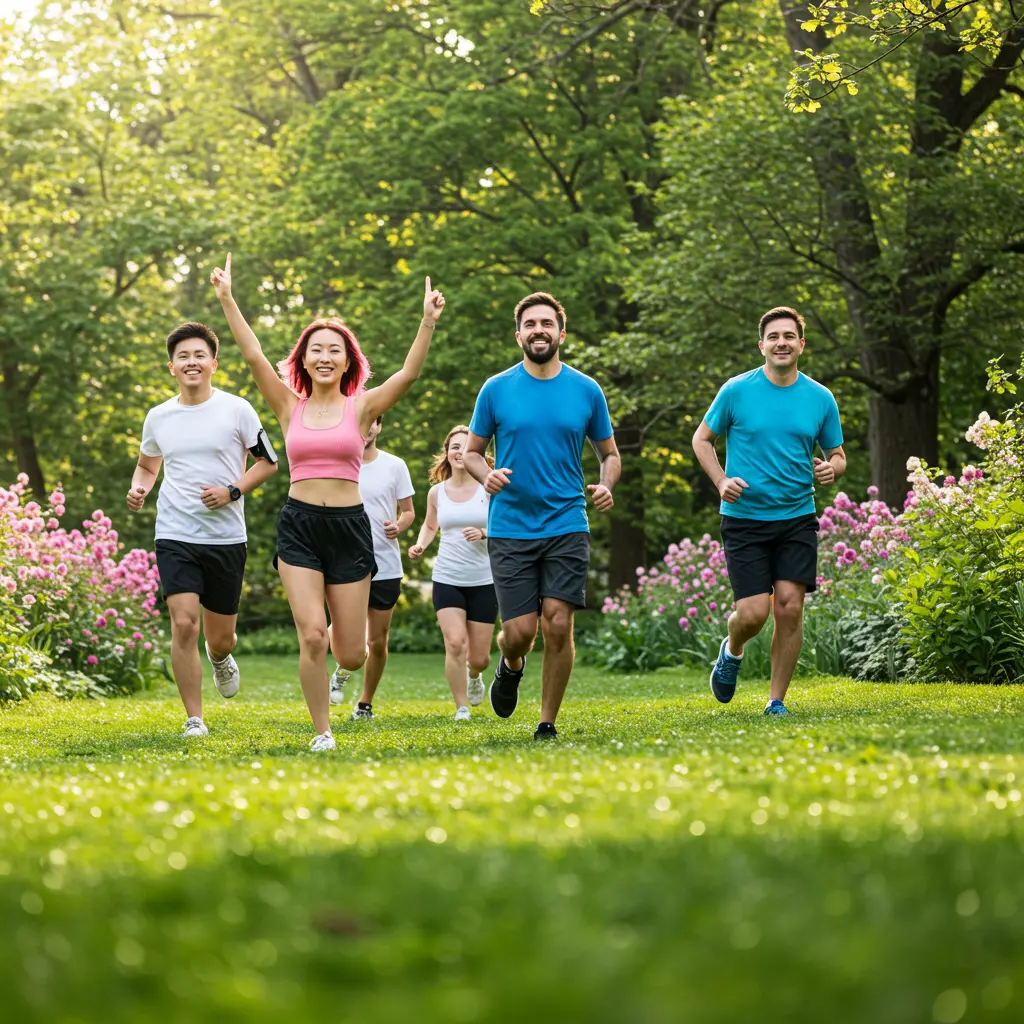 People jogging in a park on a sunny day.