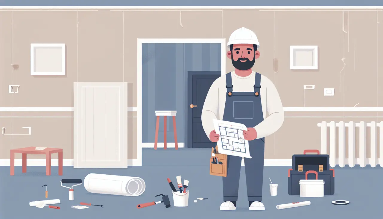 Draw a graphic in flat design style. A flat design illustration of a construction worker in overalls holding a blueprint, standing in a room with a partially completed renovation scene, with tools like a paintbrush and hammer nearby, kept minimalistic.