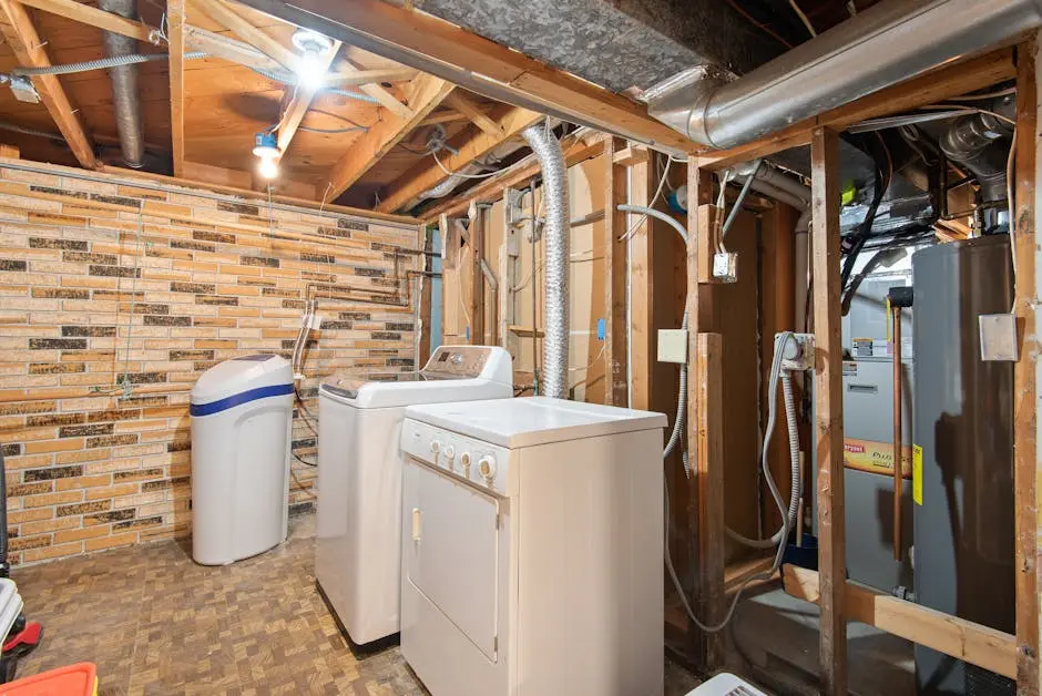 Spacious basement laundry room featuring modern appliances and exposed brickwork.