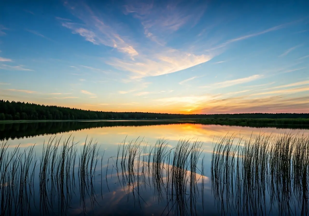 A serene landscape with a tranquil lake reflecting the sky. 35mm stock photo