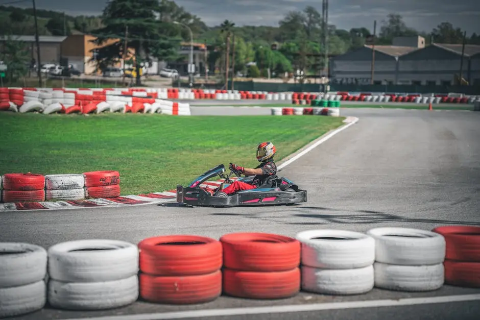 Driver in go-kart racing on outdoor track surrounded by colorful tires.