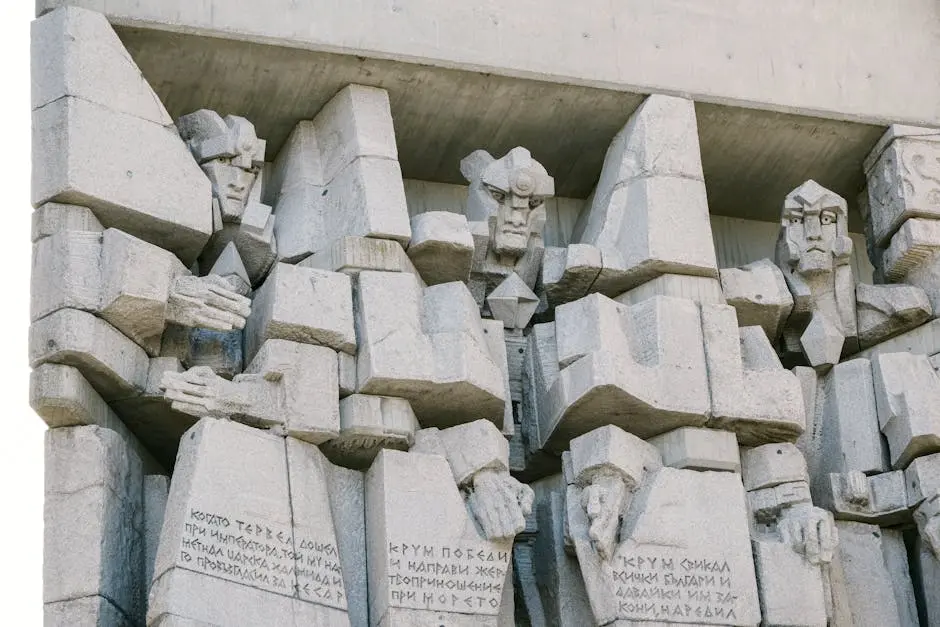 Close-up of a dramatic stone sculpture in Varna, showcasing artistic architecture and historical influence.