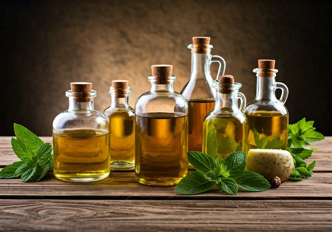 A variety of natural oils and herbs on a table. 35mm stock photo