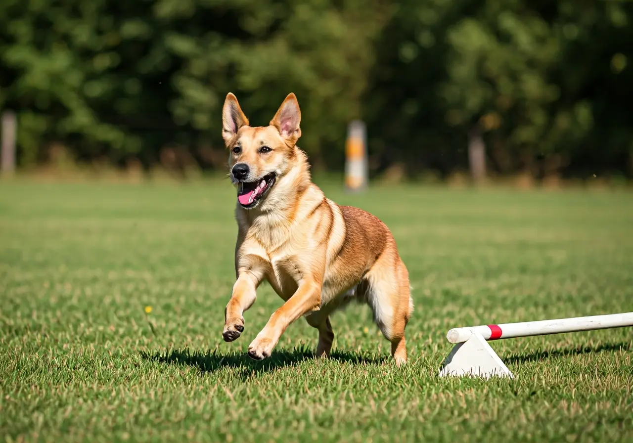 A focused dog performing an obedience exercise outdoors. 35mm stock photo