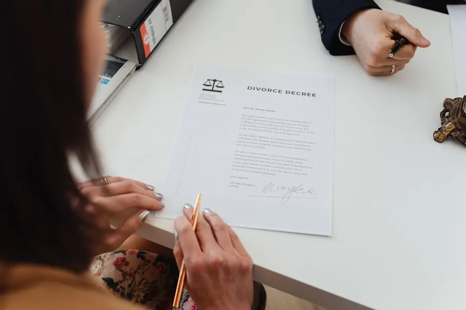A close-up shot of two people signing a divorce decree at a law office table.